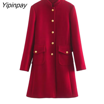Yipinpay 2023 New Winter Women Coat Solid Blends Women Long Sleeve Jacket Outwear Slim Warm Basic Female Fashion Overcoat